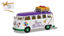 Indlæs billede til gallerivisning VOLKSWAGEN T1 MINIBUS HAPPY BIRTHDAY 1961 WHITE PURPLE 1:43