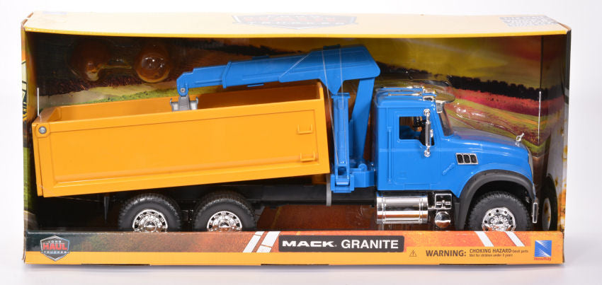 MACK GRANITE DUMP YELLOW TRUCK BLUE W/CRANE PLASTICA 1:18