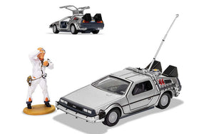 Delorean DMC - BACK TO THE FUTURE + DOC BROWN FIGUUR metal sølv 1:36