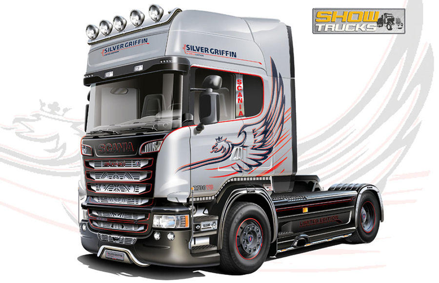 SCANIA R730 TRACTOR TRUCK V8 STREAMLINE SILVER GRIFFIN 2-ASSI 2011 / 1:24