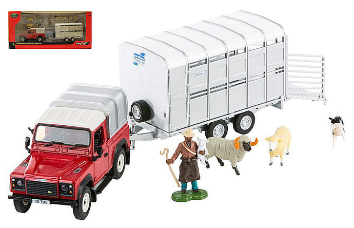 LAND ROVER LAND DEFENDER 90 PICK-UP CLOSED 1984 WITH LIVESTOCK TRAILER - TRASPORTO ANIMALI BESTIAME RED SILVER 1:32