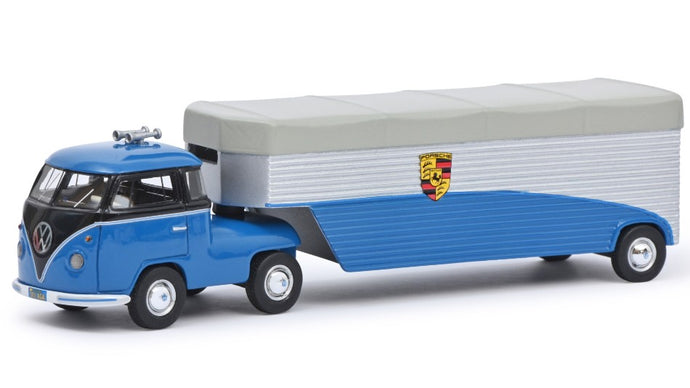 VOLKSWAGEN T1b CONTINENTAL MOTORS PORSCHE CAR TRANSPORTER 1962 BLUE BLACK 1:64