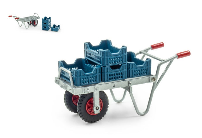 ACCESSORIES WHEELBARROW WITH 4X ASPARAGUS CRATES SILVER BLUE 1:32
