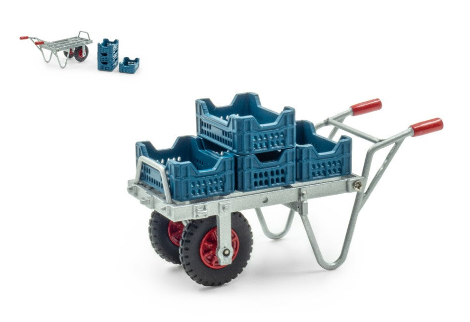 ACCESSORIES WHEELBARROW WITH 4X ASPARAGUS CRATES SILVER BLUE 1:32