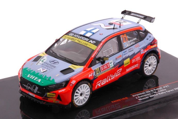 HYUNDAI i20 N RALLY2 TEAM HYUNDAI MOTORSPORT N 21 WINNER WRC2 RALLY YPRES 2021 J.HUTTUNEN - M.LUKKA LIGHT BLUE RED GREEN 1:43