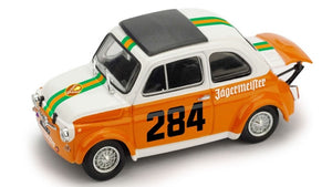 FIAT 500 ABARTH 695SS TEAM MERANO CORSE JAGERMEISTER N 284 RALLY COLLE DELLA MADDALENA 1973 RENATO MENAPACE WHITE ORANGE GREEN 1:43