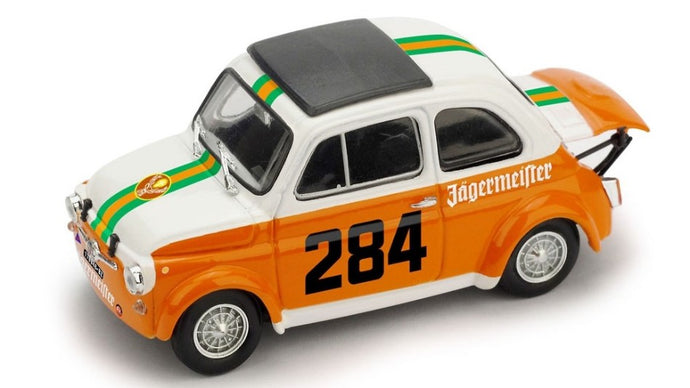 FIAT 500 ABARTH 695SS TEAM MERANO CORSE JAGERMEISTER N 284 RALLY COLLE DELLA MADDALENA 1973 RENATO MENAPACE WHITE ORANGE GREEN 1:43