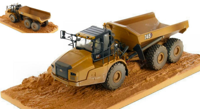 CATERPILLAR CAT745 CASSONE RIBALTABILE CAVA 3-ASSI - WEATHERED ARTICULATED TRUCK YELLOW BLACK 1:50