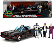 Indlæs billede til gallerivisning BATMAN CLASSIC TV SERIES BATMOBILE DELUXE 1966 + ROBIN, THE PENGUIN, THE JOKER &amp; BATMAN sort/rød 1:24