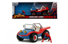 Indlæs billede til gallerivisning MAYERS MANX BUGGY WITH SPIDERMAN FIGURE MARVEL 1964 BLUE RED 1:24