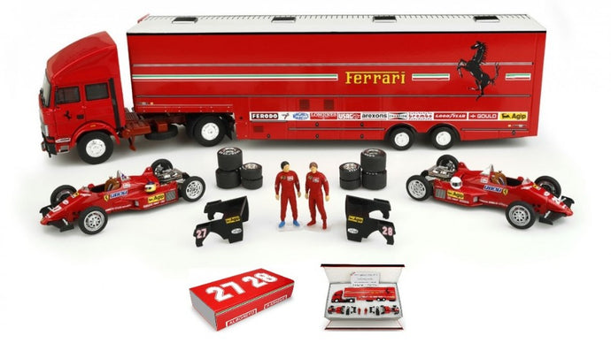 IVECO FIAT FIAT IVECO 190 TRUCK CAR TRANSPORTER MONACO GP 1984 WITH 2X F1 FERRARI 126CK TURBO N 27 MICHELE ALBORETO - N 28 RENE ARNOUX + FIGURES AND ACCESSORIES RED 1:43