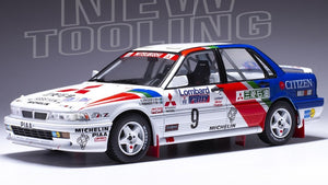 MITSUBISHI GALANT VR-4 TEAM MITSUBISHI RALLIART EUROPE N 9 2nd RAC RALLY 1990 KENNETH ERIKSSON - STAFFAN PARMANDER WHITE BLUE RED 1:18