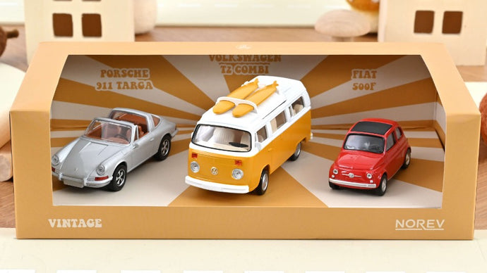 PORSCHE SET 3X JET-CAR 911 TARGA SPIDER 1969 - FIAT 500 1965 - VOLKSWAGEN T2b CAMPER VAN 1962 VARIOUS 1:43