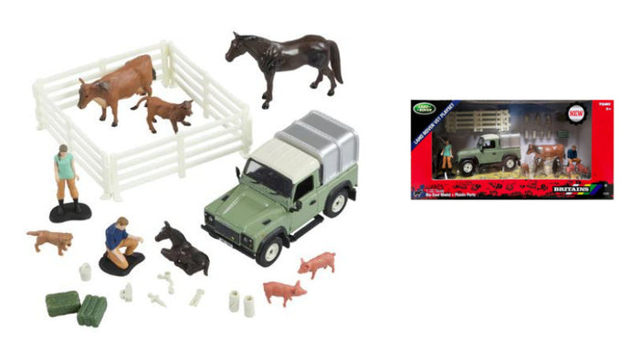 LAND ROVER LAND DEFENDER 90 PICK-UP CLOSED WITH ANIMALS AND FIGURES 1984 GREEN SILVER 1:32