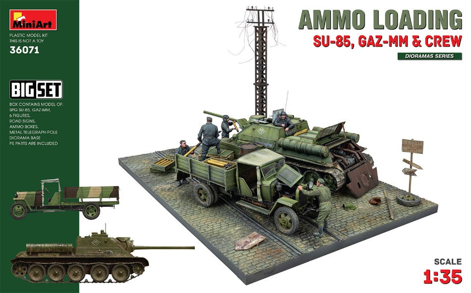 GAZ SET AMMO LOADING DIORAMA - TRUCK WITH TANK SU-85 WITH MILITARY FIGURES / 1:35