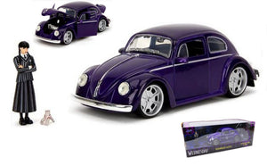 VOLKSWAGEN BEETLE MAGGIOLINO CUSTOM WITH WEDNESDAY ADDAMS & THING FIGURE 1959 BLUE BLACK 1:24