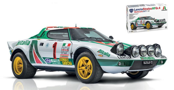 LANCIA STRATOS HF ALITALIA Gr.4 (night version) N 1 WINNER RALLY MONTECARLO 1977 SANDRO MUNARI - SILVIO MAIGA + STRATOS HF STREET VERSION 1974 / 1:12
