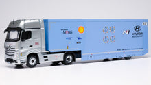 Indlæs billede til gallerivisning MERCEDES BENZ ACTROS MP4 1851 BIGSPACE TRUCK - CAR TRANSPORTER TEAM HYUNDAI TEAM SHELL MOBIS WRT RALLY 2024 LIGHT BLUE WHITE 1:43