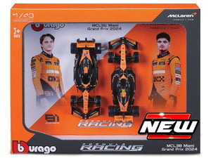 Mclaren MCL38 #4 LANDO NORRIS + #81 OSCAR PIASTRI 2024 - 2 CAR SET sort/orange 1:43 fra Burago
