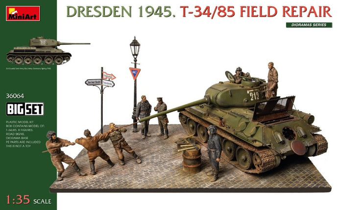 TANK DIORAMA T34/85 FIELD REPAIR MILITARY DRESDEN 1945 / 1:35