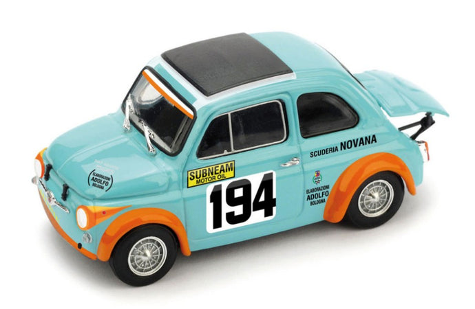 FIAT ABARTH 500 595SS SCUDERIA NOVANA N 194 RALLY PIEVE SANTO STEFANO PASSO DELLO SPINO 1971 VINCENZO GATTAFONI LIGHT BLUE ORANGE 1:43