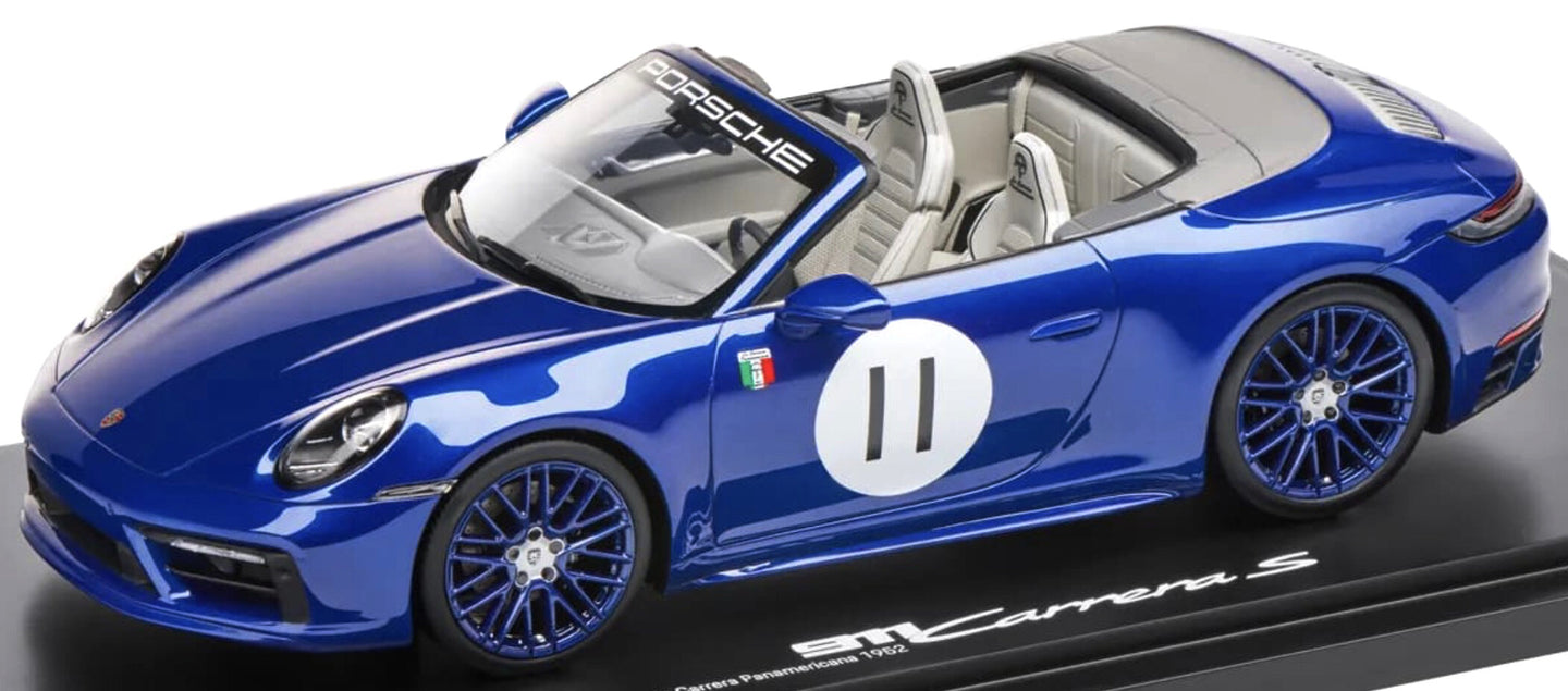 PORSCHE 911 992 CARRERA S CABRIOLET OPEN N 11 2024 - LA CARRERA PANAMERICANA 1952 WITH SHOWCASE BLUE 1:18