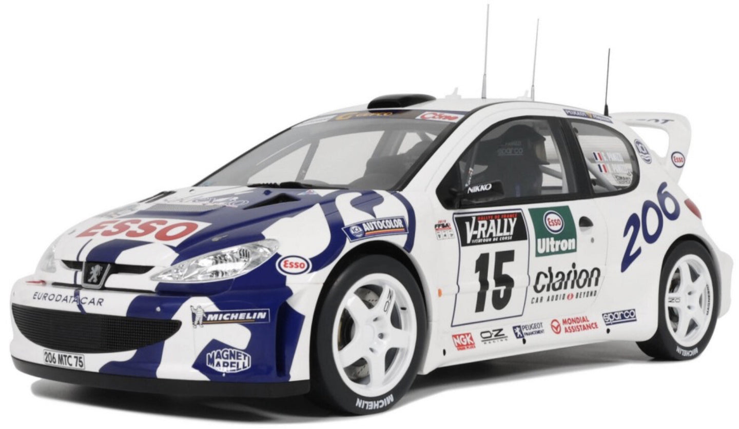 PEUGEOT 206 WRC TEAM PEUGEOT ESSO N 15 RALLY TOUR DE CORSE 1999 GILLES PANIZZI - HERVE PANIZZI WHITE BLUE 1:12