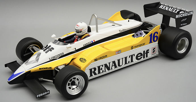 Renault RE30B #16 RENE ARNOUX WINNER ITALY GP 1982 + FIGUUR hvid/gul/sort 1:18