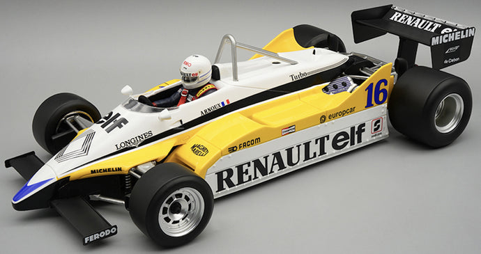 Renault RE30B #16 RENE ARNOUX WINNER FRENCH GP 1982 + FIGUUR hvid/gul/sort 1:18