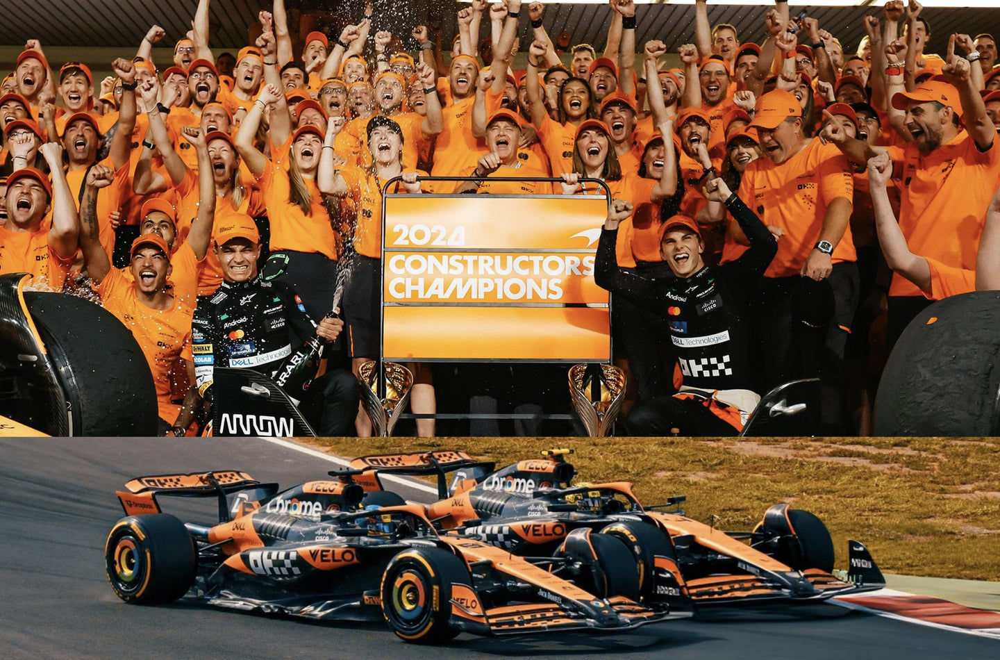 McLAREN SET F1 CHAMPION BOARD WINNER CONSTRUCTOR SEASON 2024 2X MCL38 TEAM MCLAREN N 4 SEASON LANDO NORRIS + N 81 OSCAR PIASTRI ORANGE BLACK 1:43