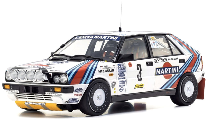 LANCIA DELTA HF INTEGRALE 4WD TEAM MARTINI RACING (night version) N 3 WINNER RALLY MONTECARLO 1988 BRUNO SABY - JEAN FRANCOIS FAUCHILLE WHITE BLUE RED 1:18