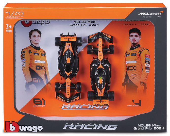 Mclaren MCL38 #4 LANDO NORRIS + #81 OSCAR PIASTRI 2024 - 2 CAR SET sort/orange 1:43 fra Burago