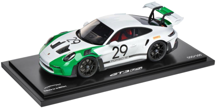 PORSCHE 911 992 GT3 RS N 29 RACING COUPE JO SIFFERT TRIBUTE 2023 WITH SHOWCASE WHITE GREEN 1:18
