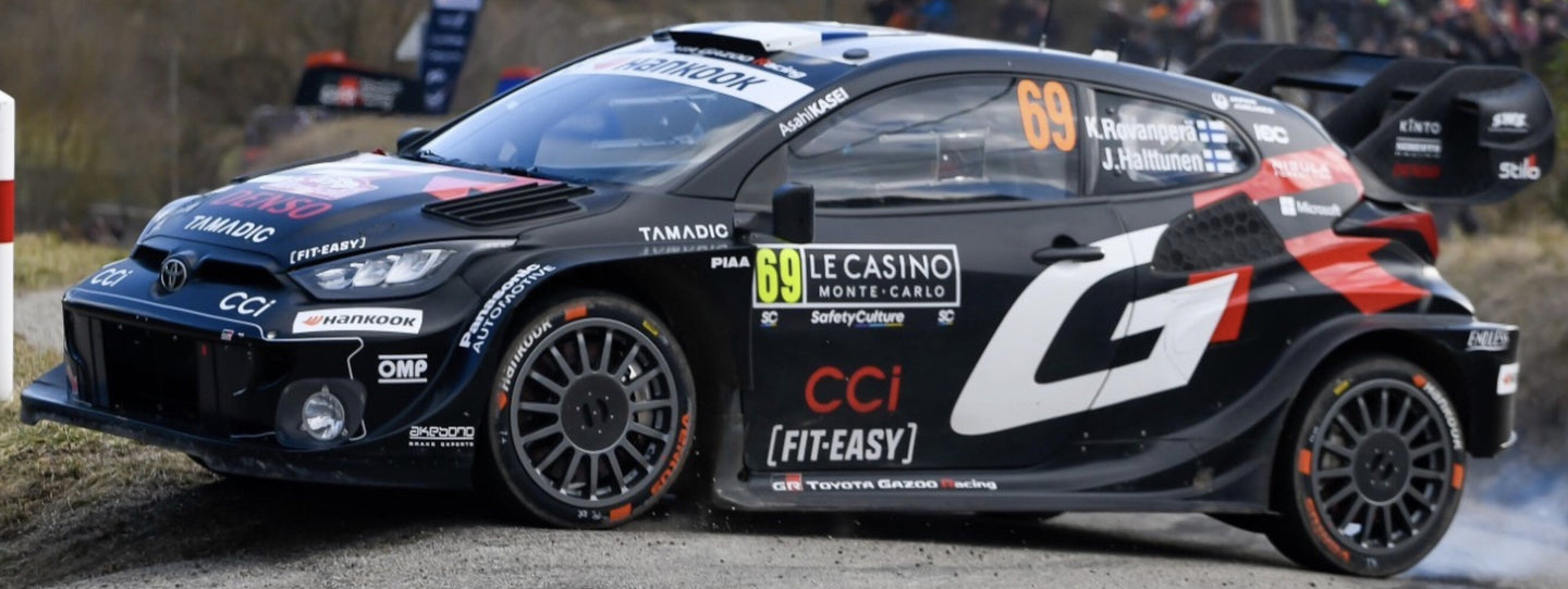 TOYOTA YARIS GR HYBRID RALLY1 TEAM TOYOTA GAZOO RACING WRT N 69 4th RALLY MONTECARLO 2025 KALLE ROVANPERA - JONNE HALTTUNEN BLACK 1:43