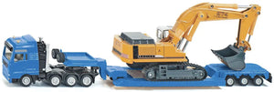 Man TG-A HEAVY HAULAGE TRANSPORTER + LOW LOADER + LIEBHERR GRAAFMACHINE blå/gul/grå 1:87