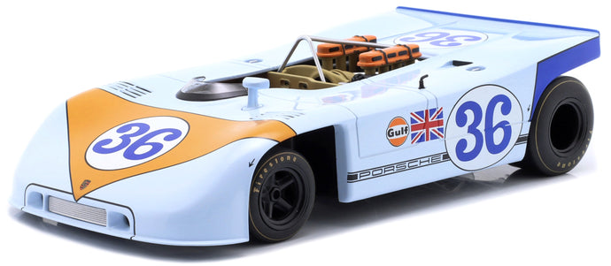 PORSCHE 908/03 SPIDER TEAM JOHN WYER AUTOMOTIVE ENGINEERING GULF N 36 TARGA FLORIO 1970 RICHARD ATTWOOD - BJORN WALDEGAARD LIGHT BLUE ORANGE 1:18