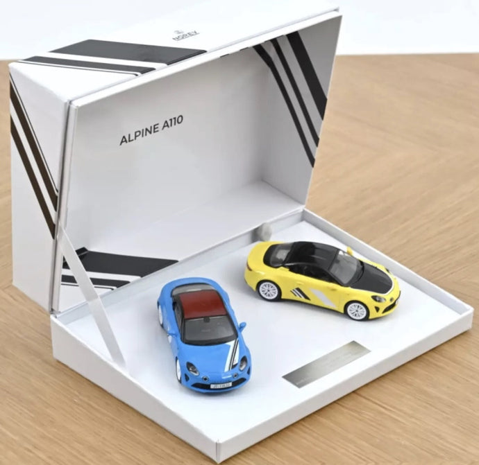 GIFT BOX ALPINE A110 2023 SAN REMO 73 & TOUR DE CORSE 75 Limited Edition blå/gul 1:43