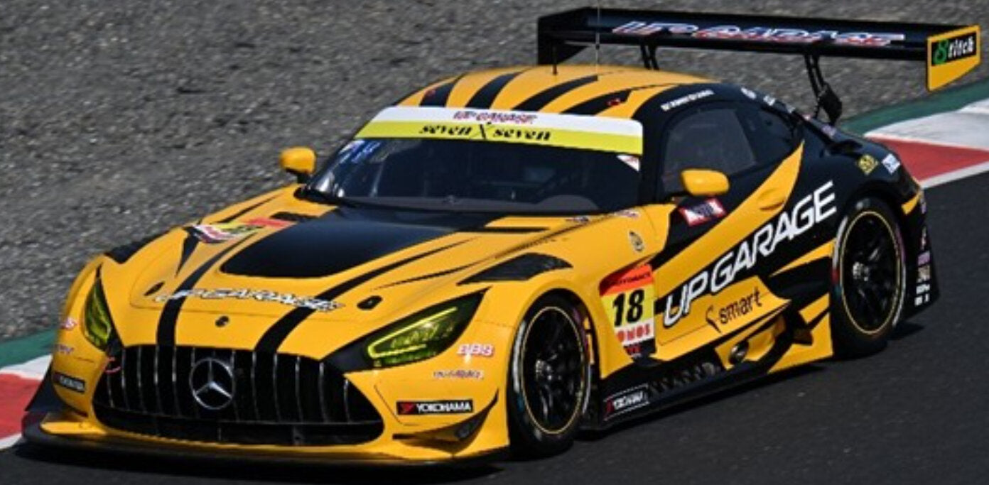 MERCEDES BENZ AMG GT3 EVO TEAM UPGARAGE N 18 GT300 CLASS SUPER GT 2025 TAKASHI KOBAYASHI - YUTO NOMURA YELLOW BLACK 1:43