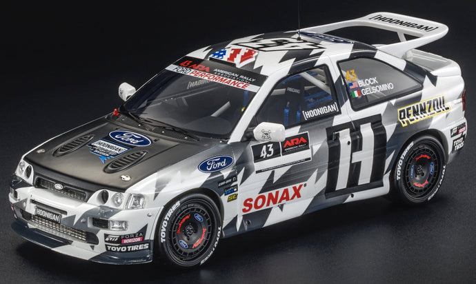 FORD ENGLAND ESCORT RS COSWORTH N 43 HOONIGAN 3rd RALLY TRAIN OREGON 2018 KEN BLOCK - ALESSANDRO GELSOMINO BLACK WHITE 1:18