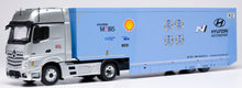 Indlæs billede til gallerivisning MERCEDES BENZ ACTROS MP4 1851 BIGSPACE TRUCK - CAR TRANSPORTER TEAM HYUNDAI TEAM SHELL MOBIS WRT RALLY 2024 LIGHT BLUE WHITE 1:43