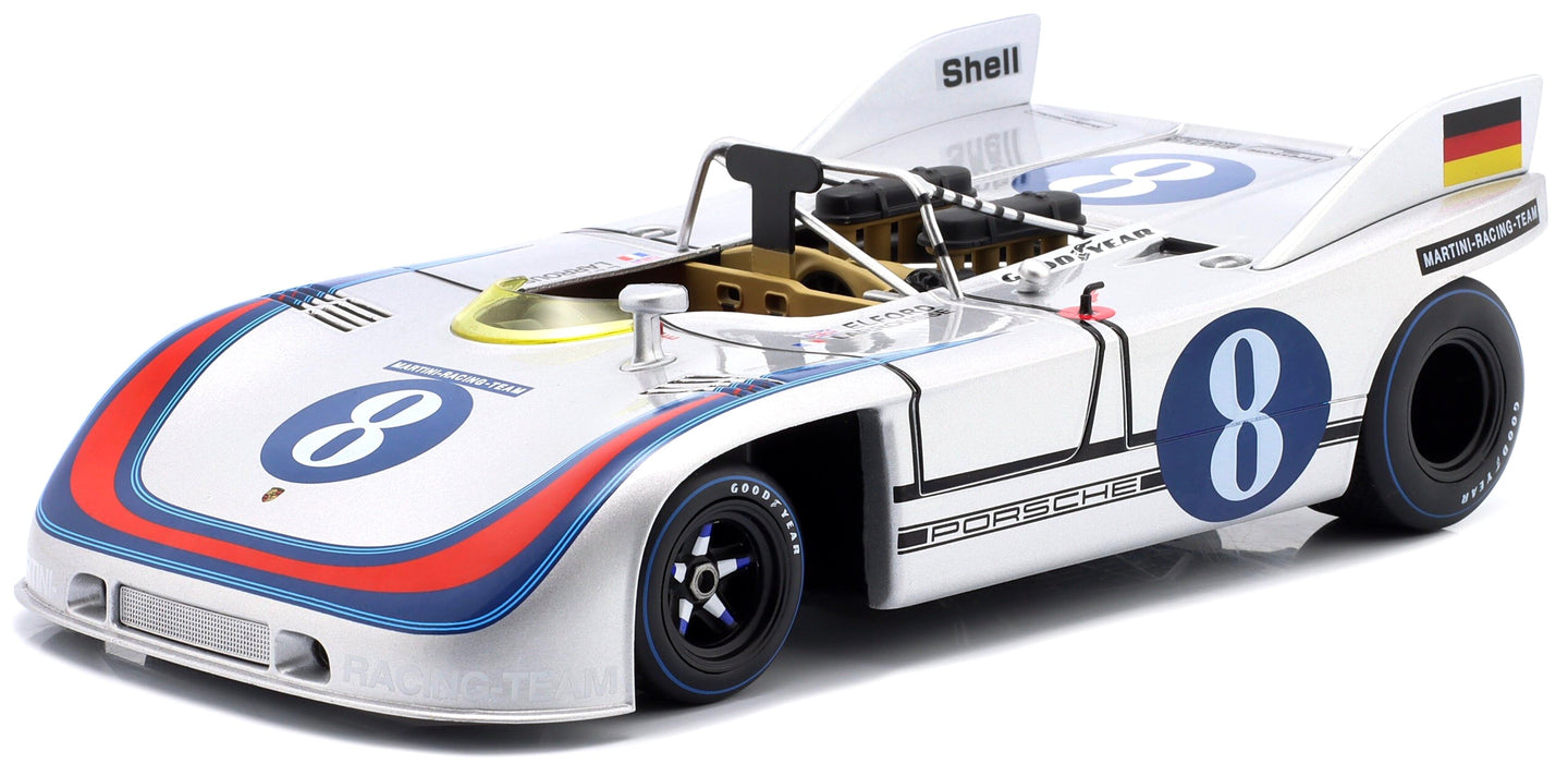 PORSCHE 908/03 SPIDER TEAM MARTINI RACING N 8 TARGA FLORIO 1971 VIC ELFORD - GERARD LARROUSSE SILVER BLUE 1:18