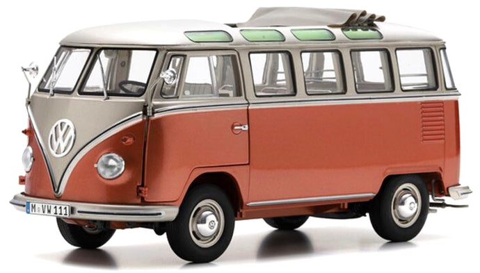 VOLKSWAGEN T1 MINIBUS SAMBA OPEN ROOF 1962 COPPER MET SILVER 1:18
