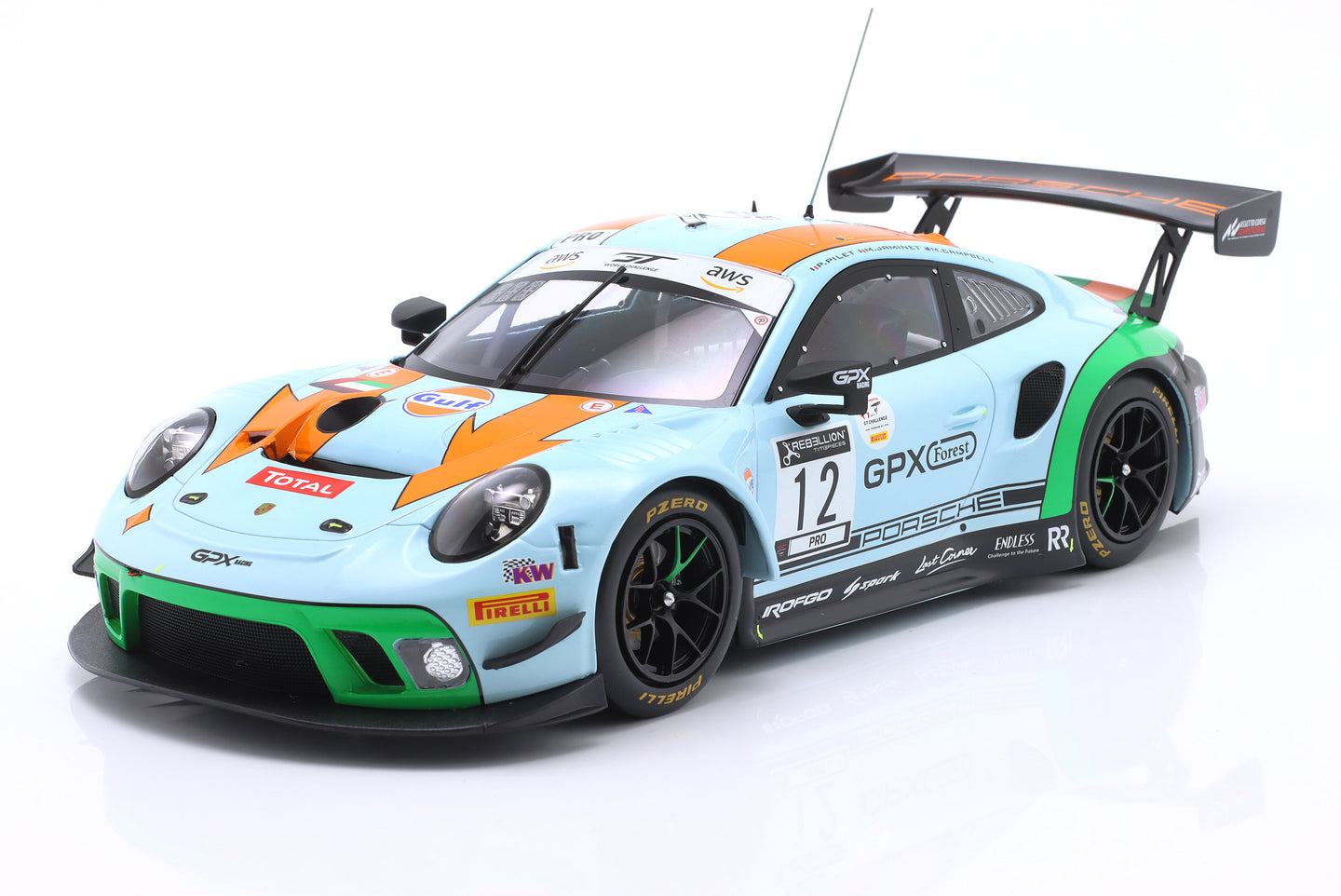 PORSCHE 911 991-2 GT3 R TEAM GPX RACING GULF N 12 24h SPA 2020 MATT CAMPBELL - PATRICK PILET - MATHIEU JAMINET LIGHT BLUE RED 1:18
