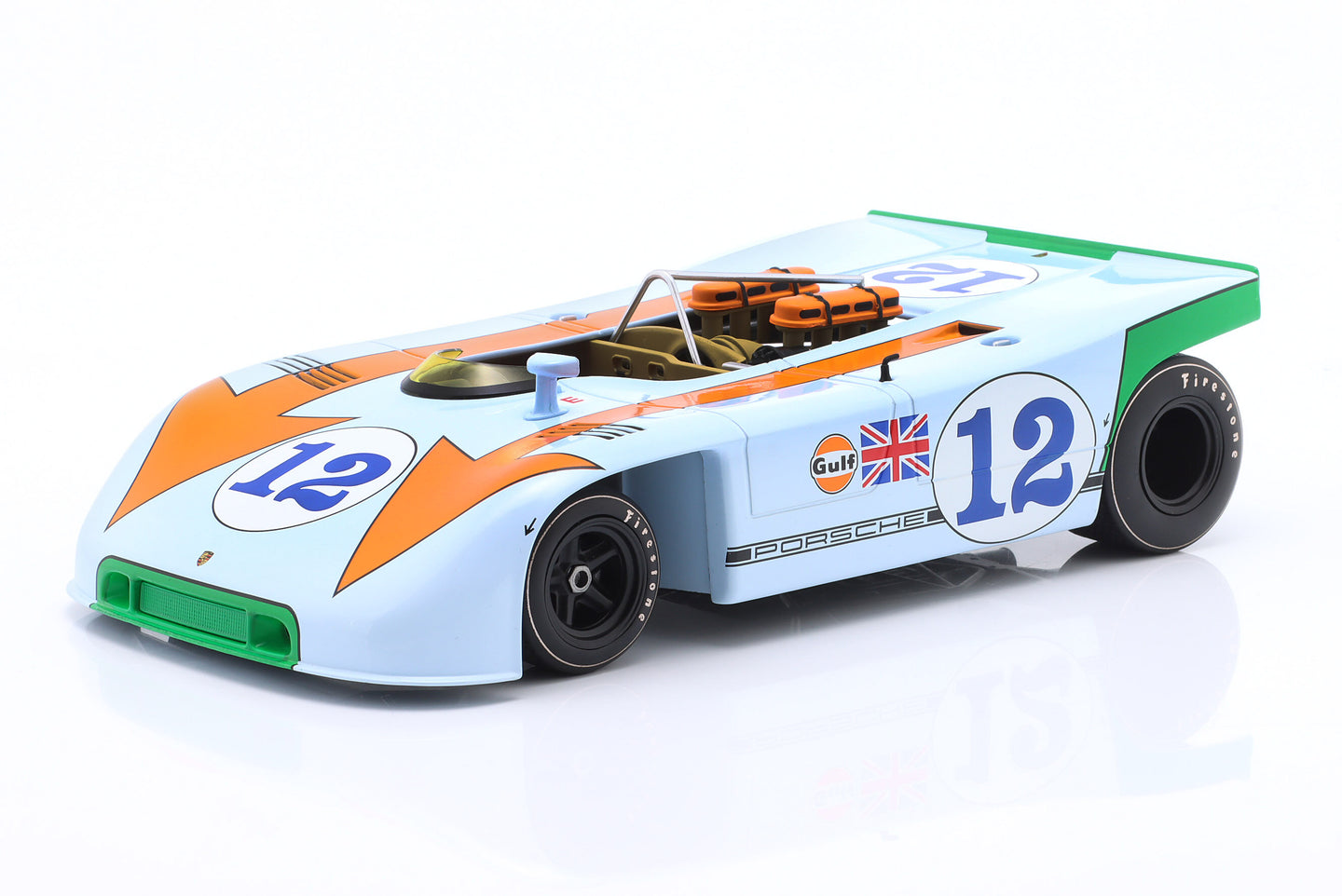 PORSCHE 908/03 SPIDER TEAM JOHN WYER AUTOMOTIVE ENGINEERING GULF N 12 WINNER TARGA FLORIO 1970 JO SIFFERT - BRIAN REDMAN LIGHT BLUE ORANGE 1:18