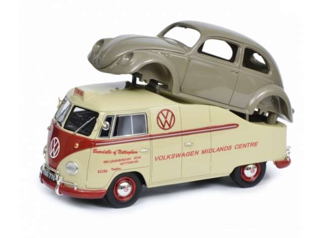 1/18 Volkswagen T1a Midlands Centre + Volkswagen Beetle Carroserie, cream/grey 1:18