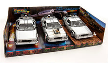 Indlæs billede til gallerivisning DELOREAN SET BACK TO THE FUTURE PART I, II, III1983 GIFT BOX aluminium 1:24