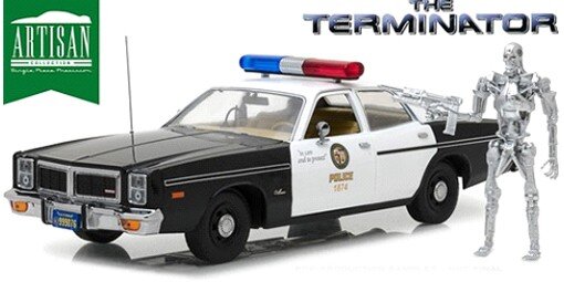 DODGE MONACO POLICE 1977 WITH T-800 ENDOSKELETON FIGURE - THE TERMINATOR 1 1984 BLACK WHITE 1:18