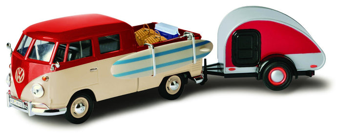 VOLKSWAGEN T1 TYPE 2 DOUBLE CABINE WITH TRAILER 1962 RED CREAM 1:24