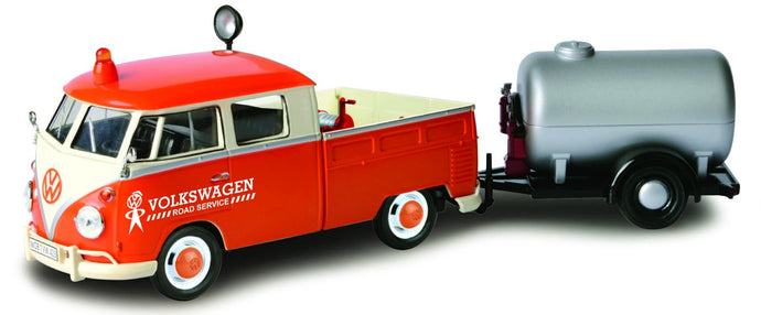 VOLKSWAGEN T1 TYPE 2 DOUBLE CABINE ROAD SERVICE WITH TANKER TRAILER 1962 ORANGE CREAM SILVER 1:24