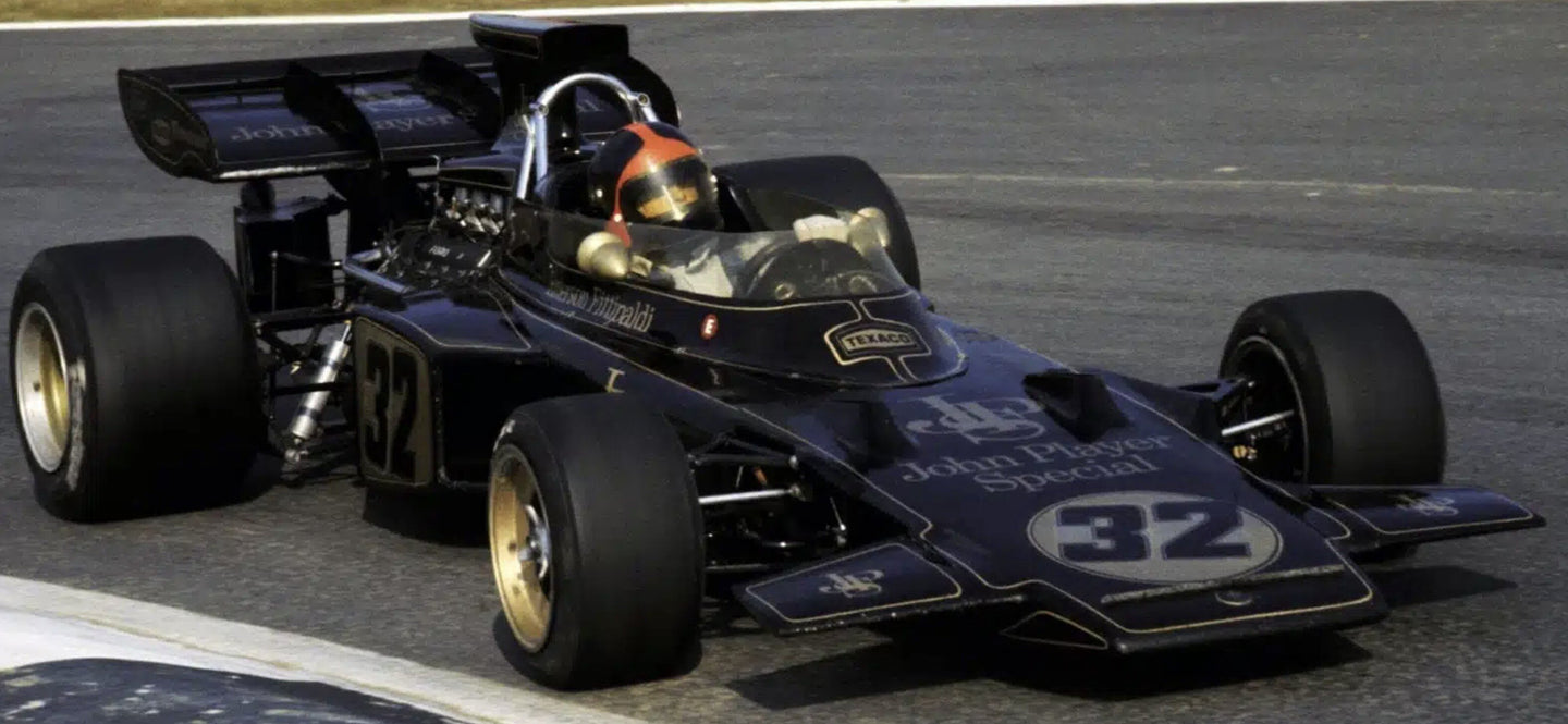 Lotus 72D #32 E.FITTIPALDI FORMULA 1 GP BELGIUM 1972 sort/guld 1:18